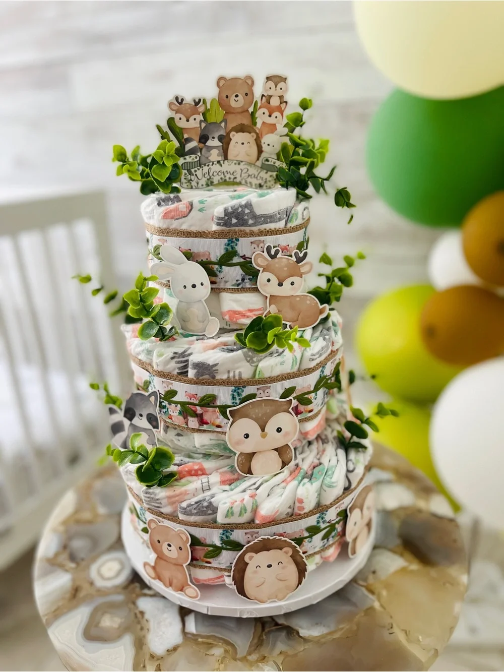 New HANDMADE Woodland Animals Diaper Cake - Neutral Woodland Baby Gift